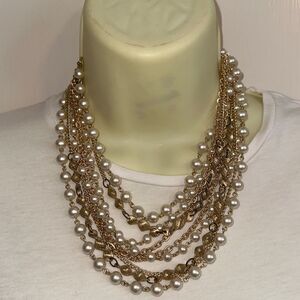 Vintage eight layered pearl‎ & gold tone chain necklace made in Japan